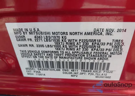 2015 Mitsubishi Outlander Sport Se/Gt from USA, damaged, VIN 4A4AP4AU4FE017820